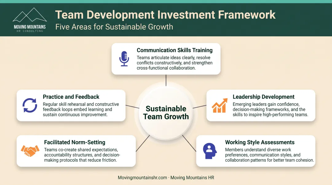 Team development investment categories from communication training to practice-based learning