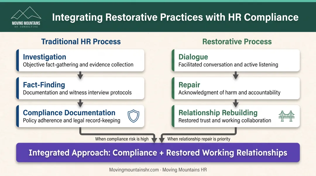 Integration model showing how restorative practices complement traditional HR compliance investigation processes