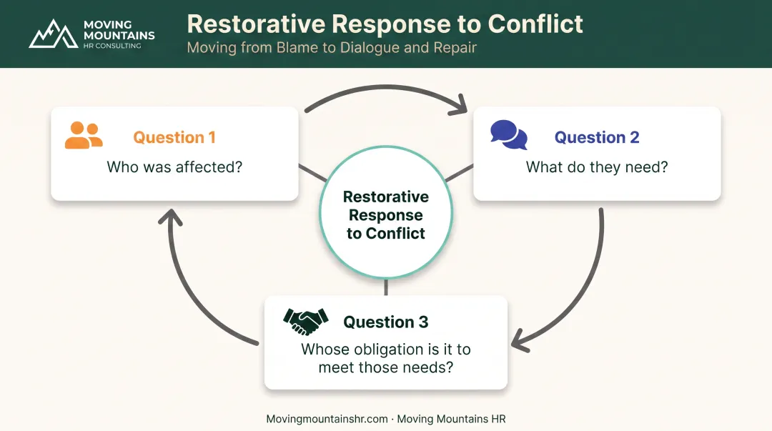 Restorative practices three core questions framework diagram for workplace conflict resolution