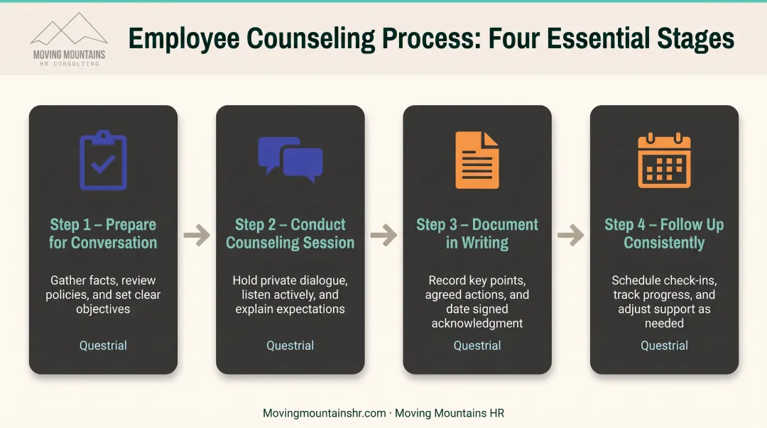 4-step employee performance counseling process from preparation through follow-up and documentation