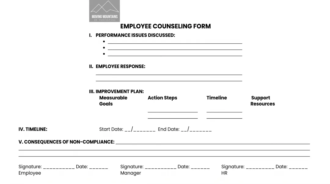 Employee counseling documentation template showing performance issues improvement plan and follow-up schedule