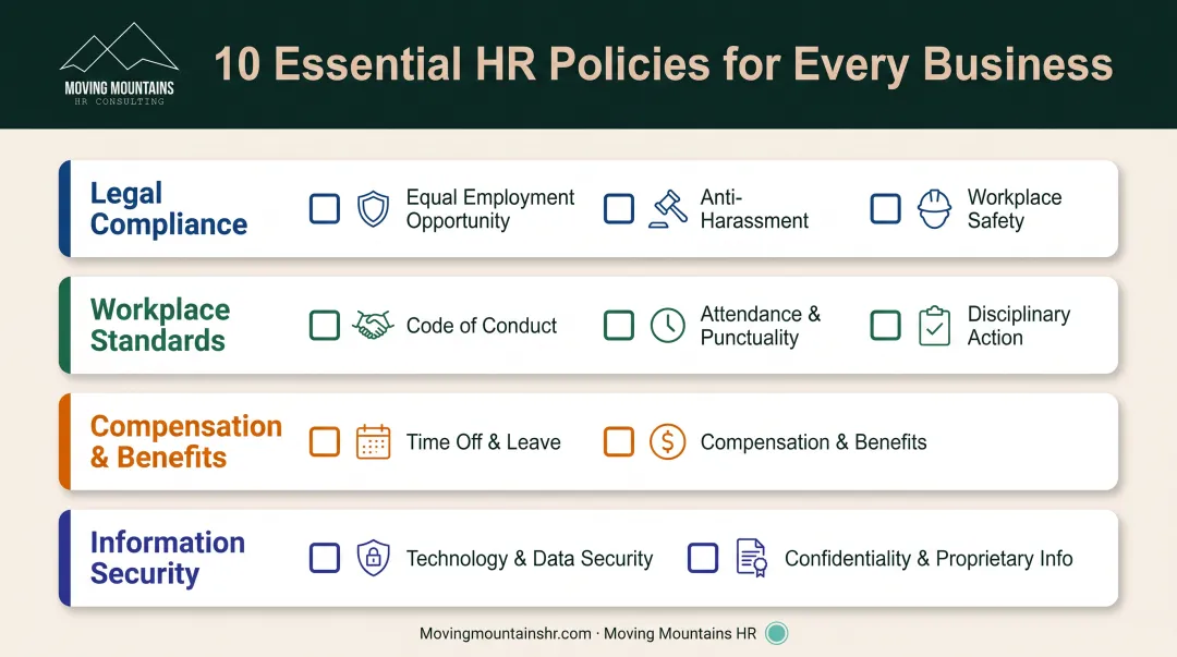 Ten essential company policies every small business needs organized by compliance category