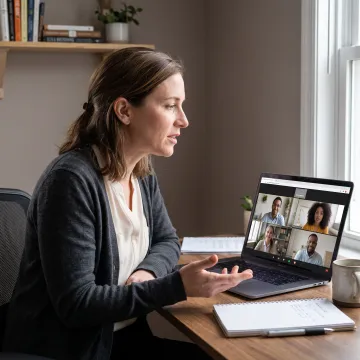 Woman participating in an online leadership training session