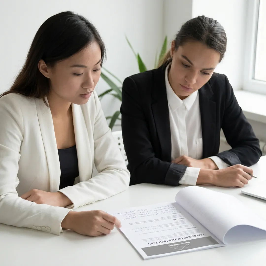 HR coach guiding a manager through a leadership discussion