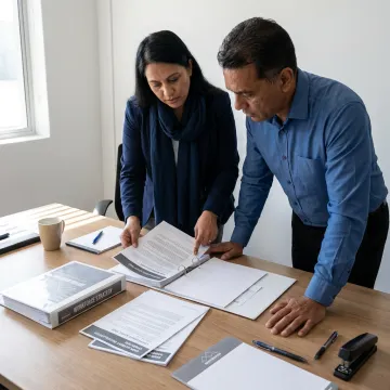 HR professional discussing compliance strategy with business owner