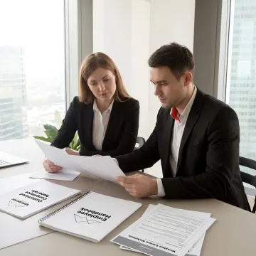 Manager and HR consultant reviewing compliance training materials