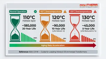 IEEE transformer insulation thermal degradation timeline showing lifespan reduction at elevated temperatures