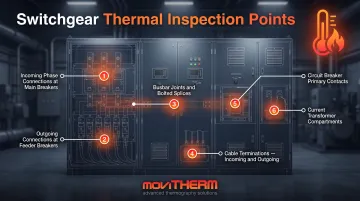 Six critical switchgear thermal monitoring points diagram with labeled connection locations