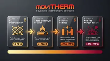 Four-stage lithium-ion battery internal failure chain temperature progression infographic
