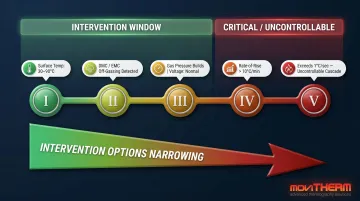 Five-stage thermal runaway progression timeline showing intervention windows and detection signals