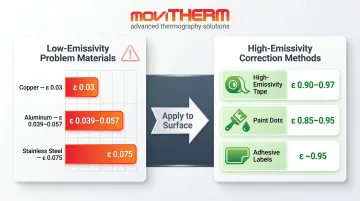 Emissivity values for common industrial metals versus high-emissivity correction methods comparison
