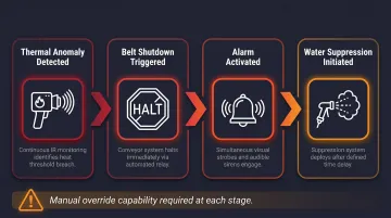 Conveyor fire detection automated response sequence from alarm trigger to suppression