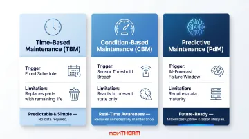 Three maintenance strategy comparison chart TBM CBM and predictive maintenance
