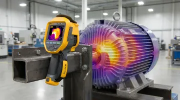 Thermal imaging camera scanning industrial electrical panel for heat anomalies