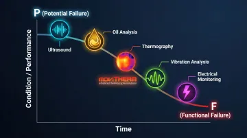 Five condition monitoring techniques mapped across P-F curve failure detection timeline