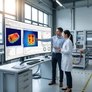 Engineers reviewing EV battery thermal data