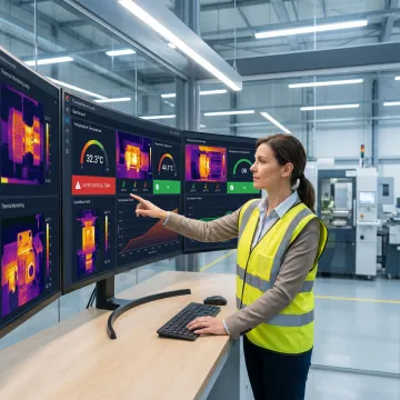 Engineer reviewing machine thermal trend data
