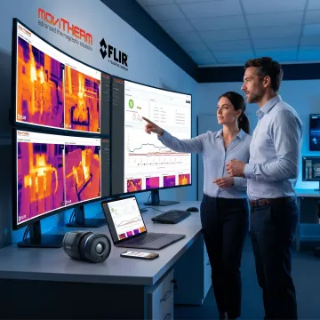 Engineers reviewing thermal imaging data on industrial system