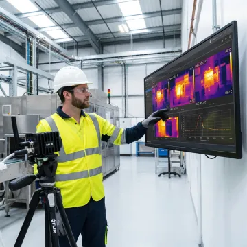 Engineer reviewing thermal imaging data on industrial system