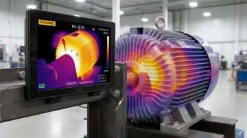 Thermal imaging camera scanning industrial electrical panel for heat anomalies
