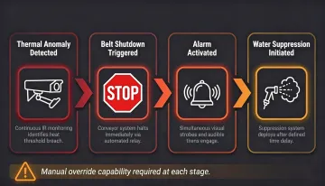 Conveyor fire detection automated response sequence from alarm trigger to suppression