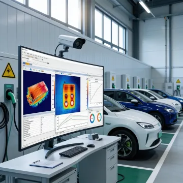 Engineers reviewing EV battery thermal data