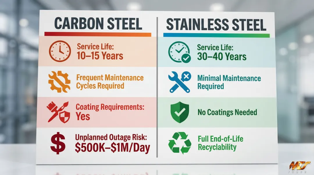 Stainless steel versus carbon steel lifecycle cost comparison infographic for power plants