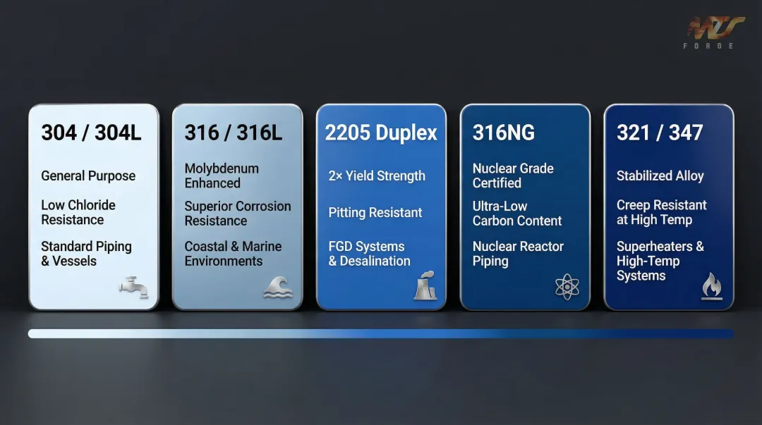Power generation stainless steel grades comparison chart by application and key properties