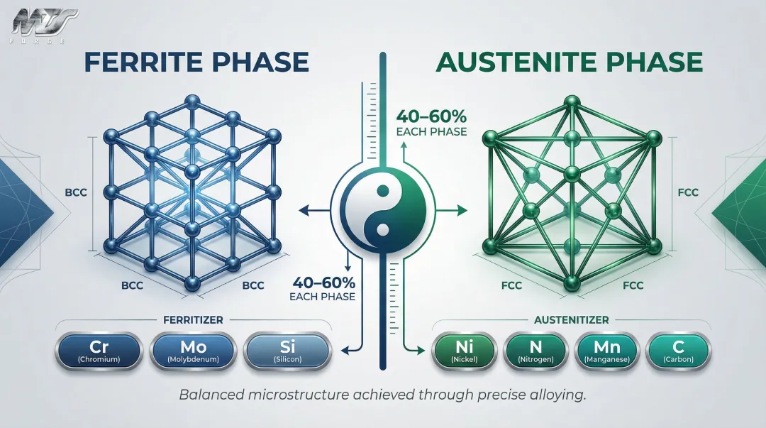 Duplex stainless steel austenite ferrite phase balance alloying elements infographic