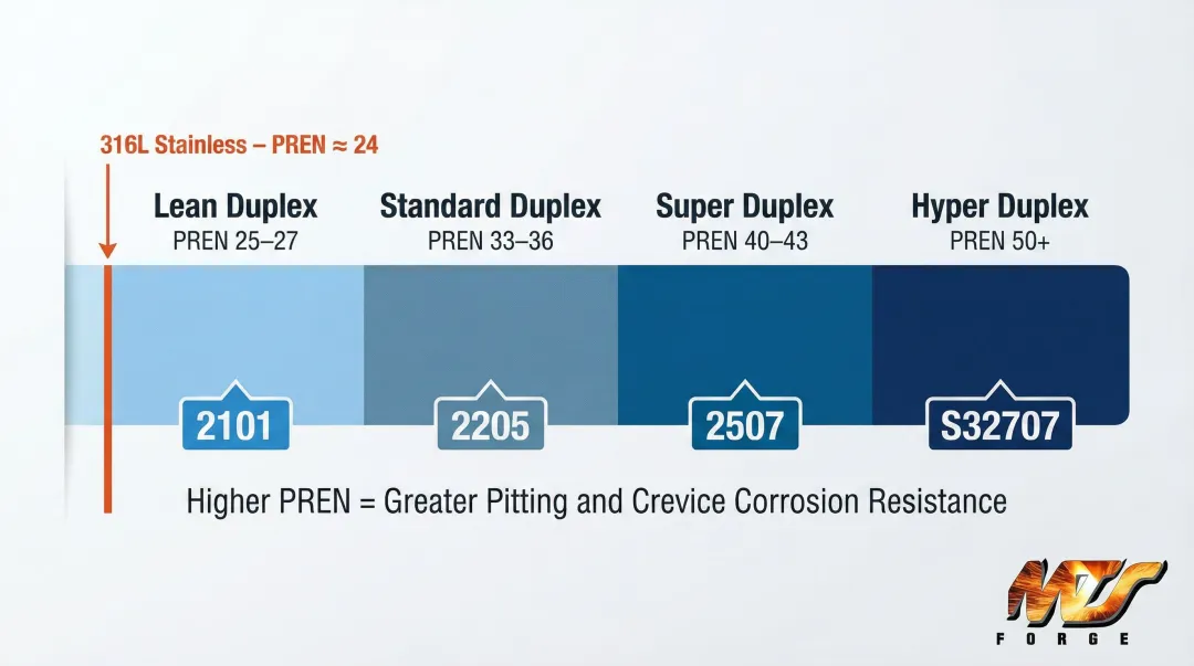 Duplex stainless steel PREN grade classification comparison from lean to hyper duplex