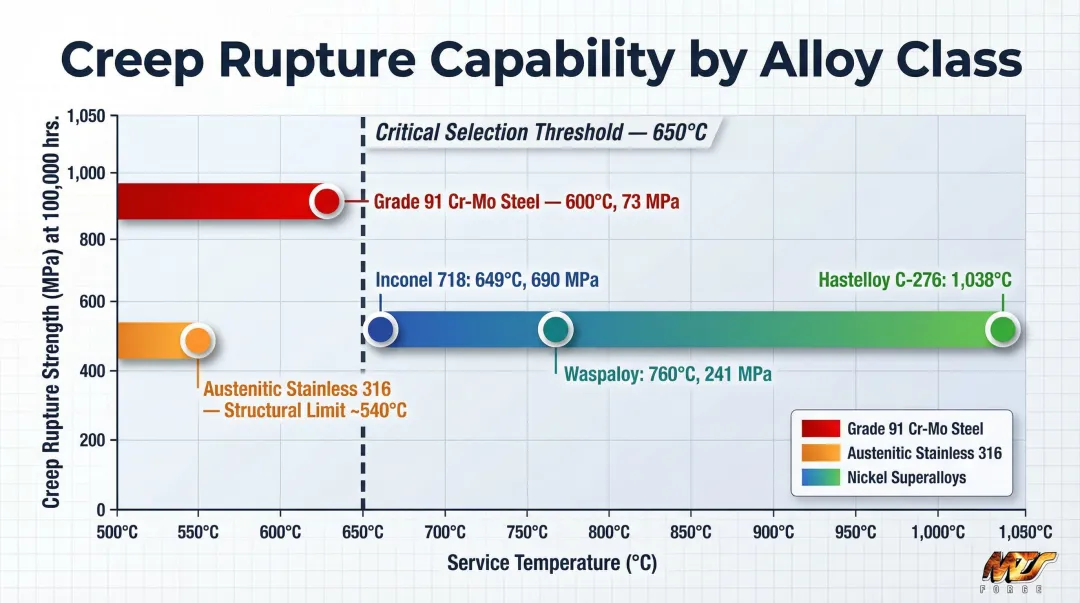 Nickel superalloy versus steel creep rupture strength temperature performance comparison chart