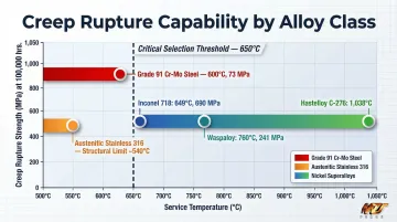 Nickel superalloy versus steel creep rupture strength temperature performance comparison chart