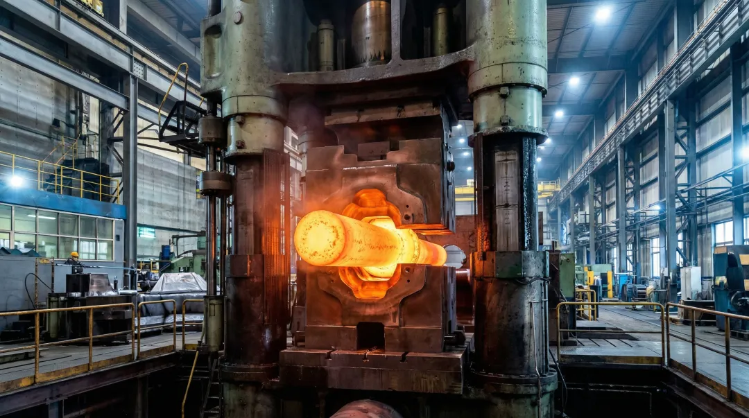 Industrial closed-die forging press shaping nickel alloy billet under high pressure