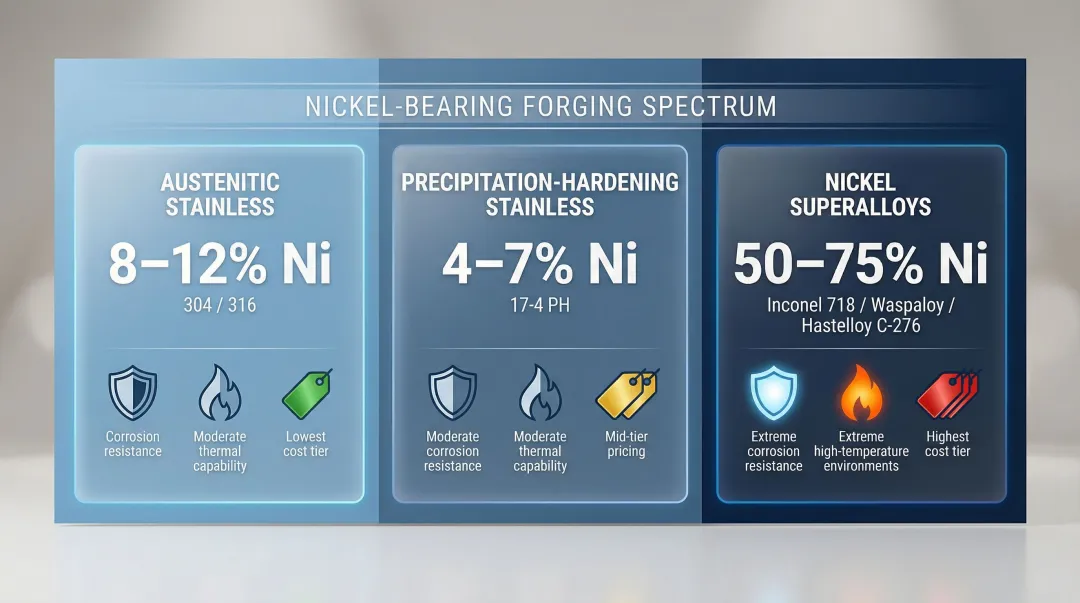 Three-tier nickel forging spectrum comparison austenitic stainless to superalloys