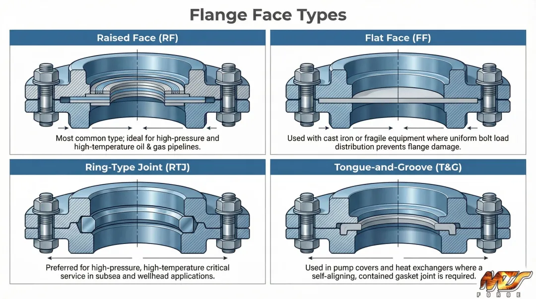 Four standard flange face types comparison raised flat RTJ tongue-and-groove