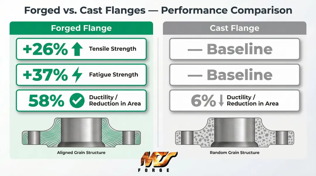 Forged versus cast flange mechanical properties strength comparison infographic
