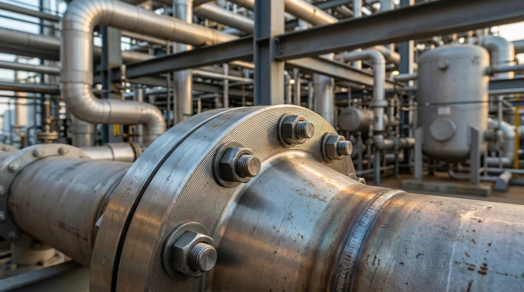 Weld neck flange installed on high-pressure industrial pipeline system