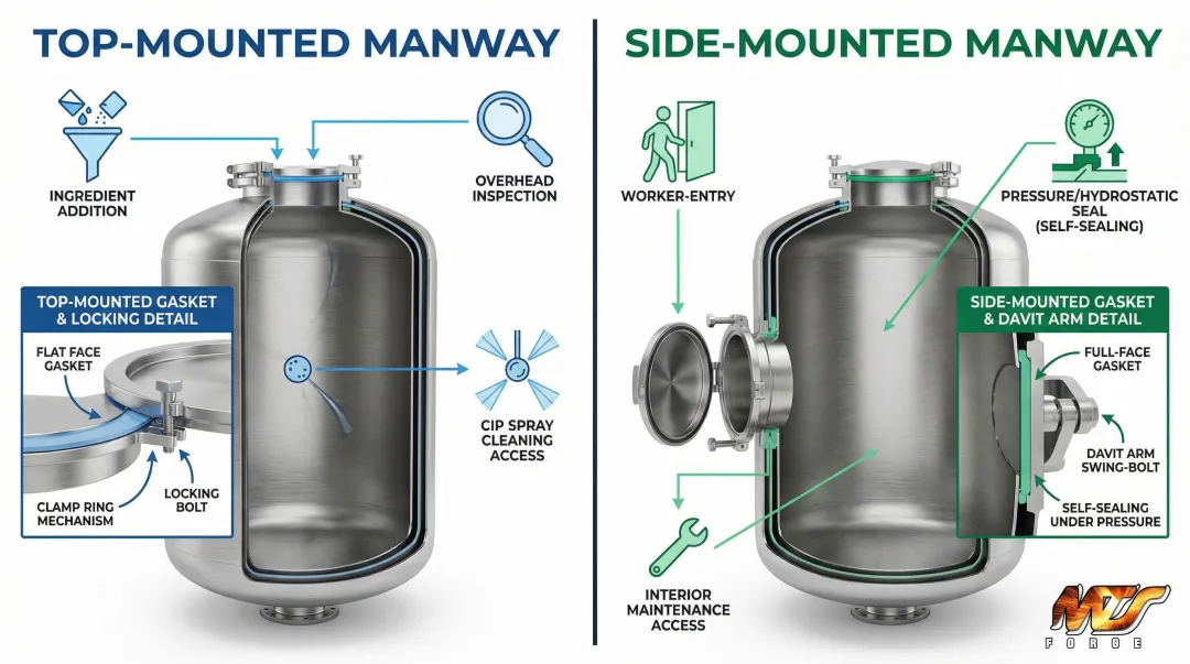 Top-mounted versus side-mounted manway orientation comparison with use cases and design differences