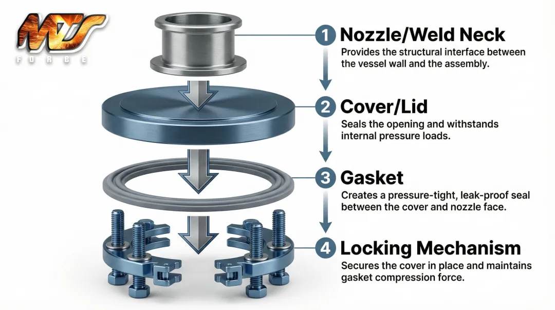 Four-component manway assembly diagram showing nozzle cover gasket and locking mechanism
