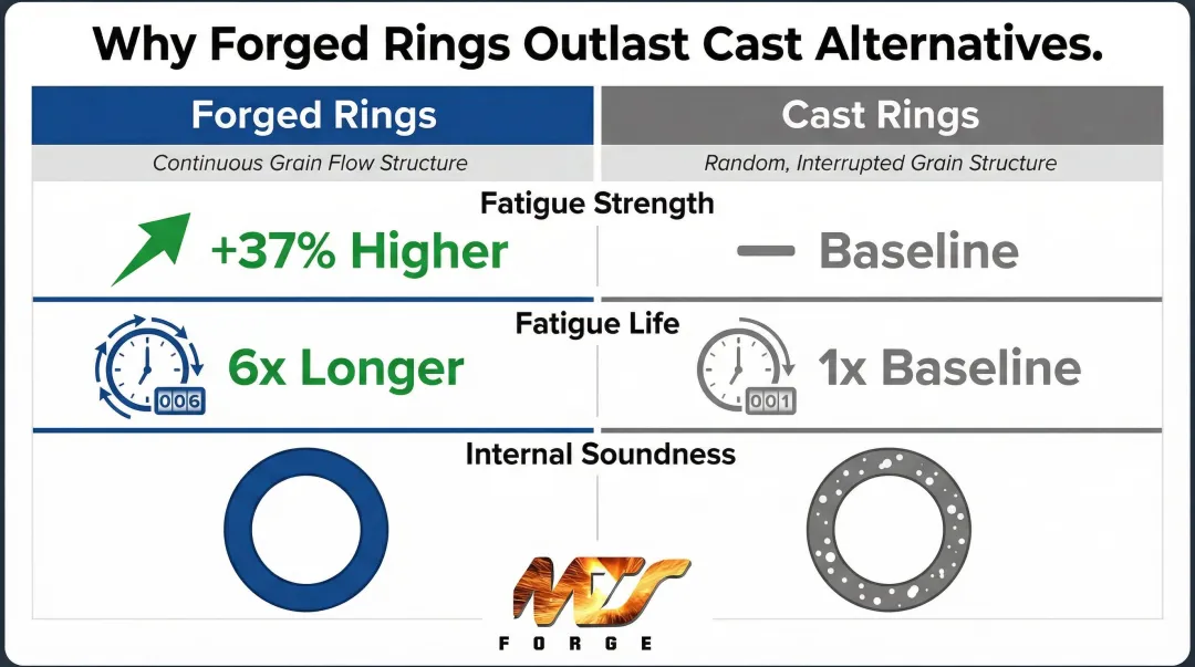 Forged versus cast ring fatigue strength and service life comparison infographic