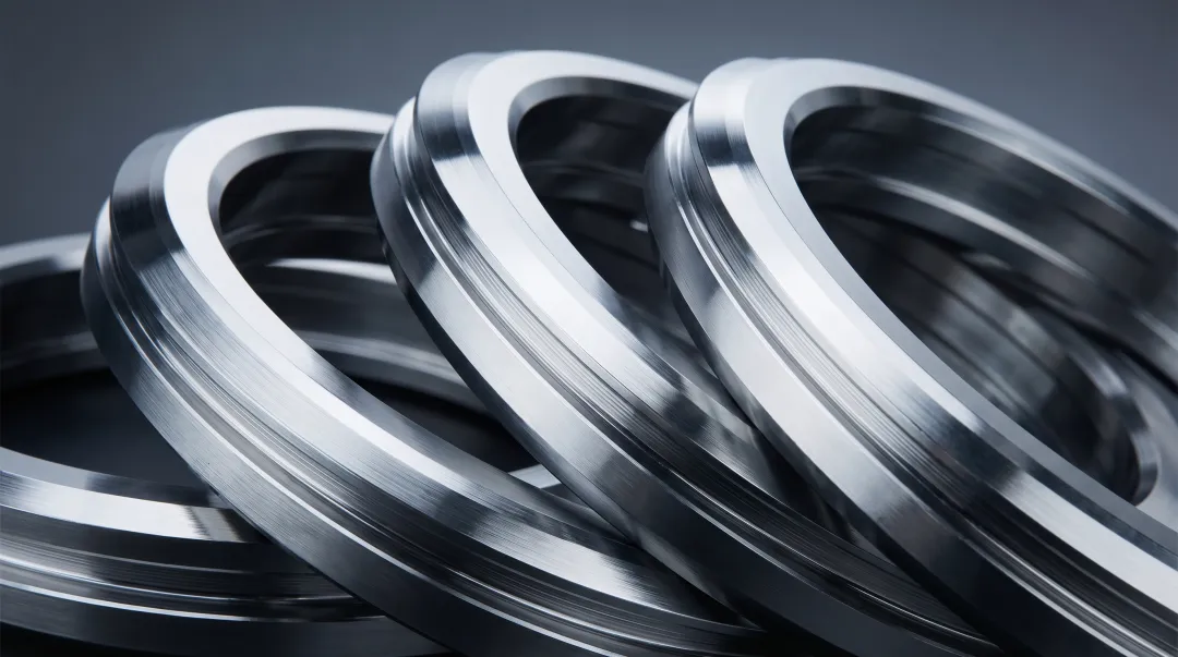 Aerospace jet engine turbine ring and bearing race forged components close-up