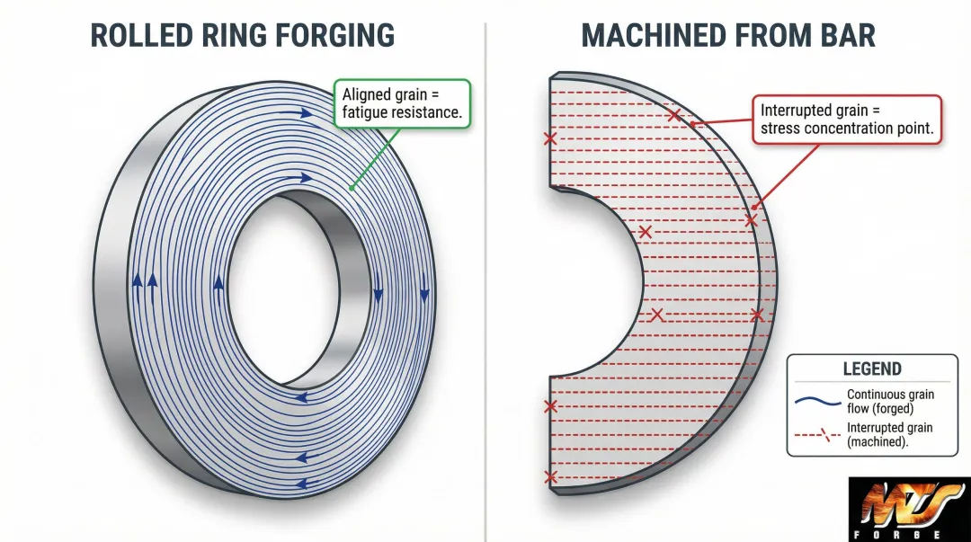 Circumferential grain flow alignment in rolled ring versus machined ring cross-section diagram