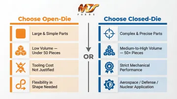 Open-die versus closed-die forging decision framework two-column comparison chart