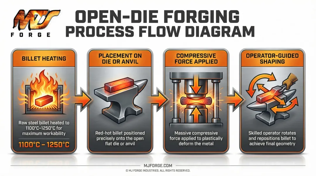4-step open-die forging process from billet heating to incremental shaping