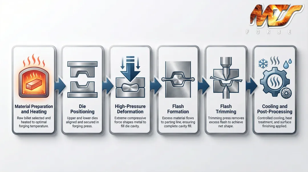 6-stage closed-die forging process from material prep to post-processing finishing