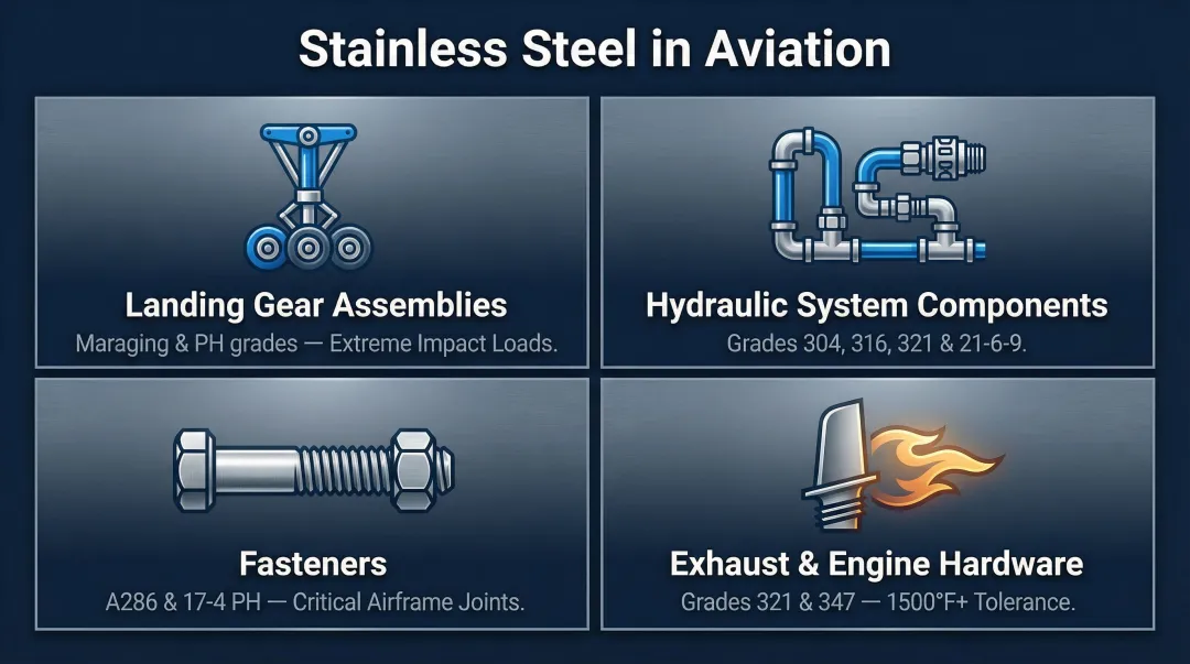 Four critical stainless steel component applications in commercial aircraft systems
