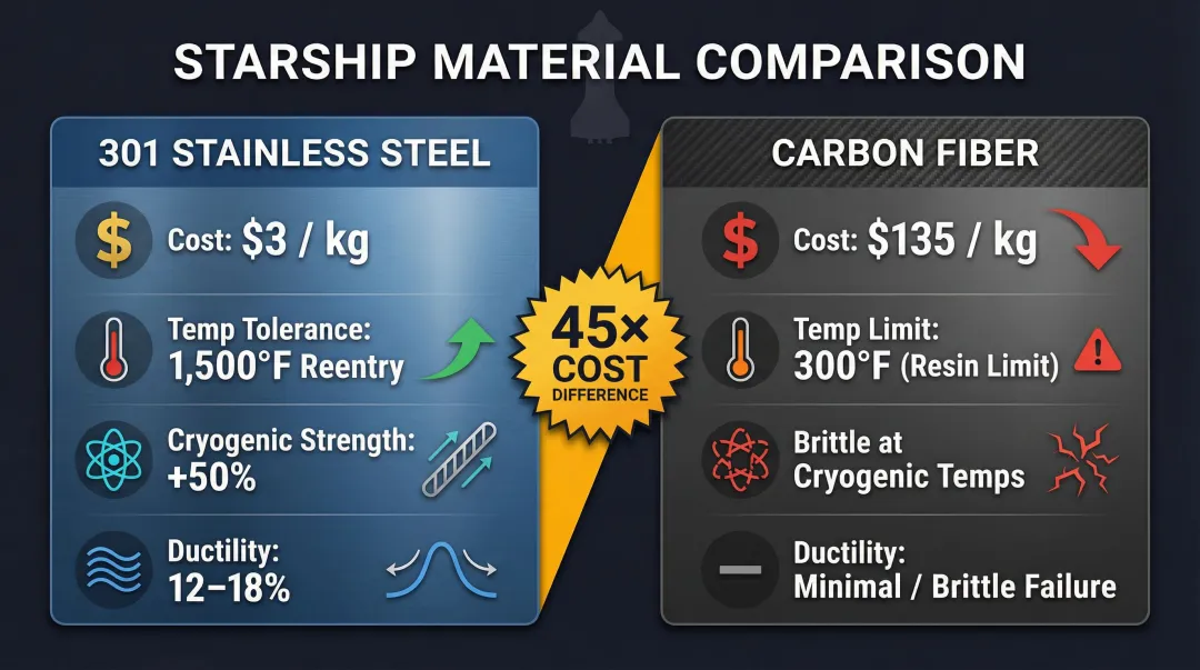 Stainless steel versus carbon fiber cost and temperature performance comparison aerospace infographic