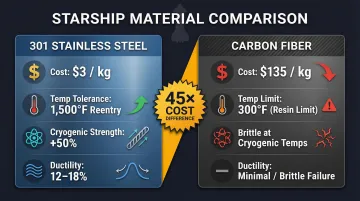 Stainless steel versus carbon fiber cost and temperature performance comparison aerospace infographic