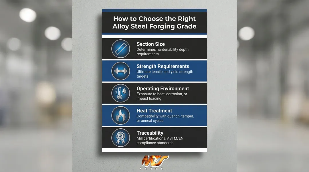 Five-factor grade selection criteria for choosing forged alloy steel grades infographic
