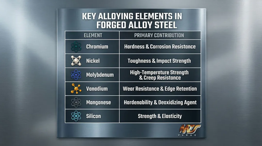 Six alloying elements in forged alloy steel and their primary property contributions